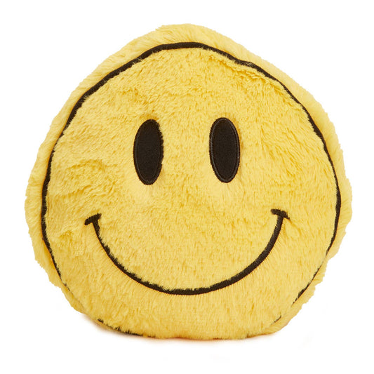 Round yellow plush pillow with a cheerful smiley face and soft, fuzzy texture.