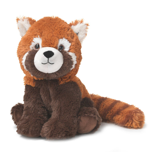 Plush red panda with rich brown legs and a fluffy striped tail, featuring a bright face and upright ears.