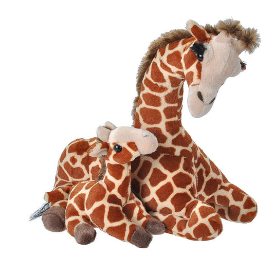 Plush giraffe duo with a baby giraffe snuggled beside a sitting mom giraffe