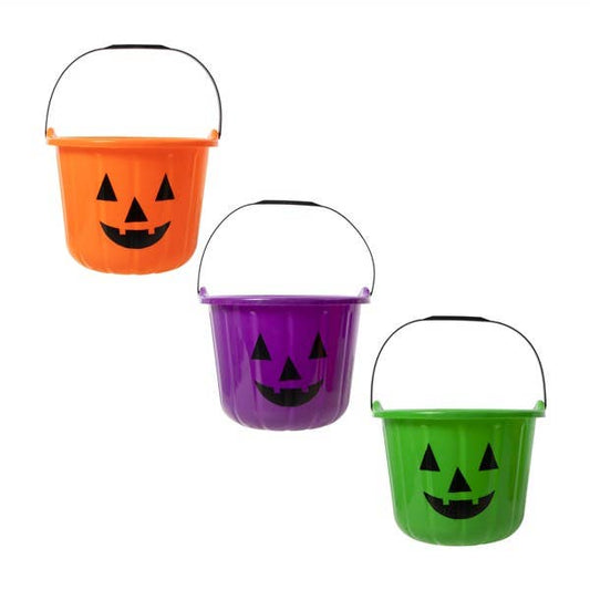 Three colorful pumpkin trick-or-treat buckets in orange, purple, and green with black handles and jack-o-lantern faces.