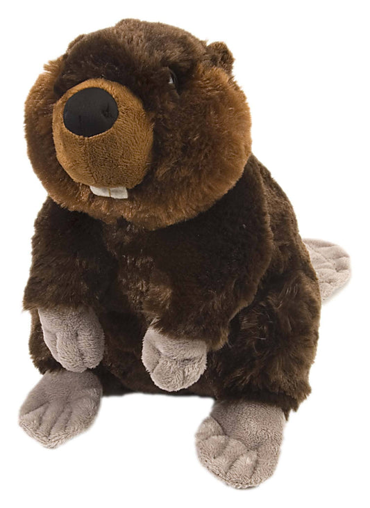 Soft plush beaver toy with brown fur and gray paws