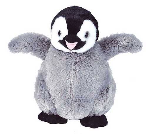 Gray and black penguin plush toy with open wings and smiling face