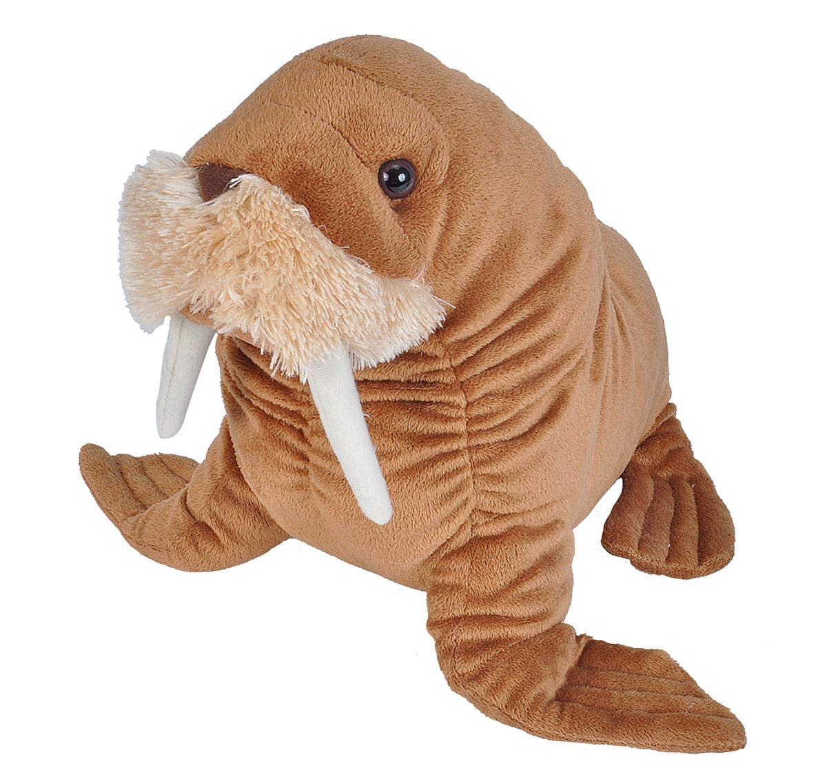 Brown plush walrus toy with long white tusks, whiskered snout, and flippered limbs in a seated pose.