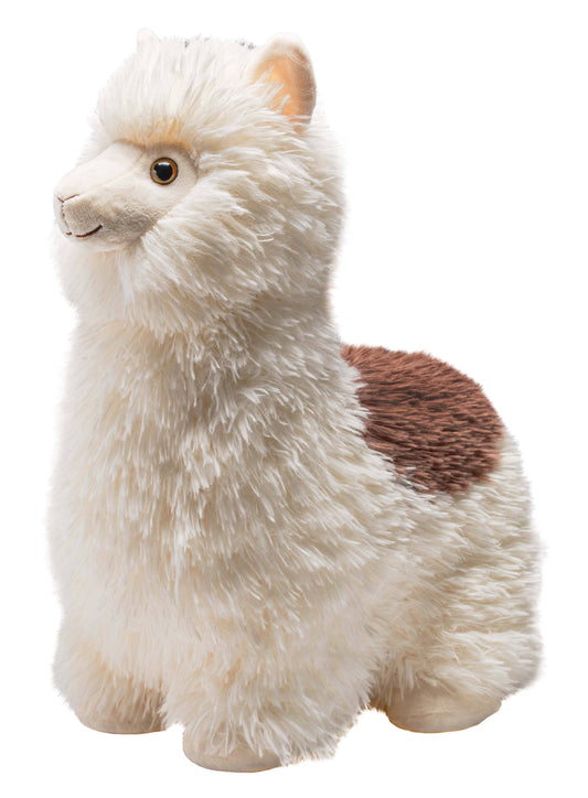 Plush white alpaca stuffed animal with fluffy brown patch