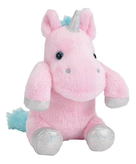 Small pink unicorn stuffed animal with silver horn and hooves