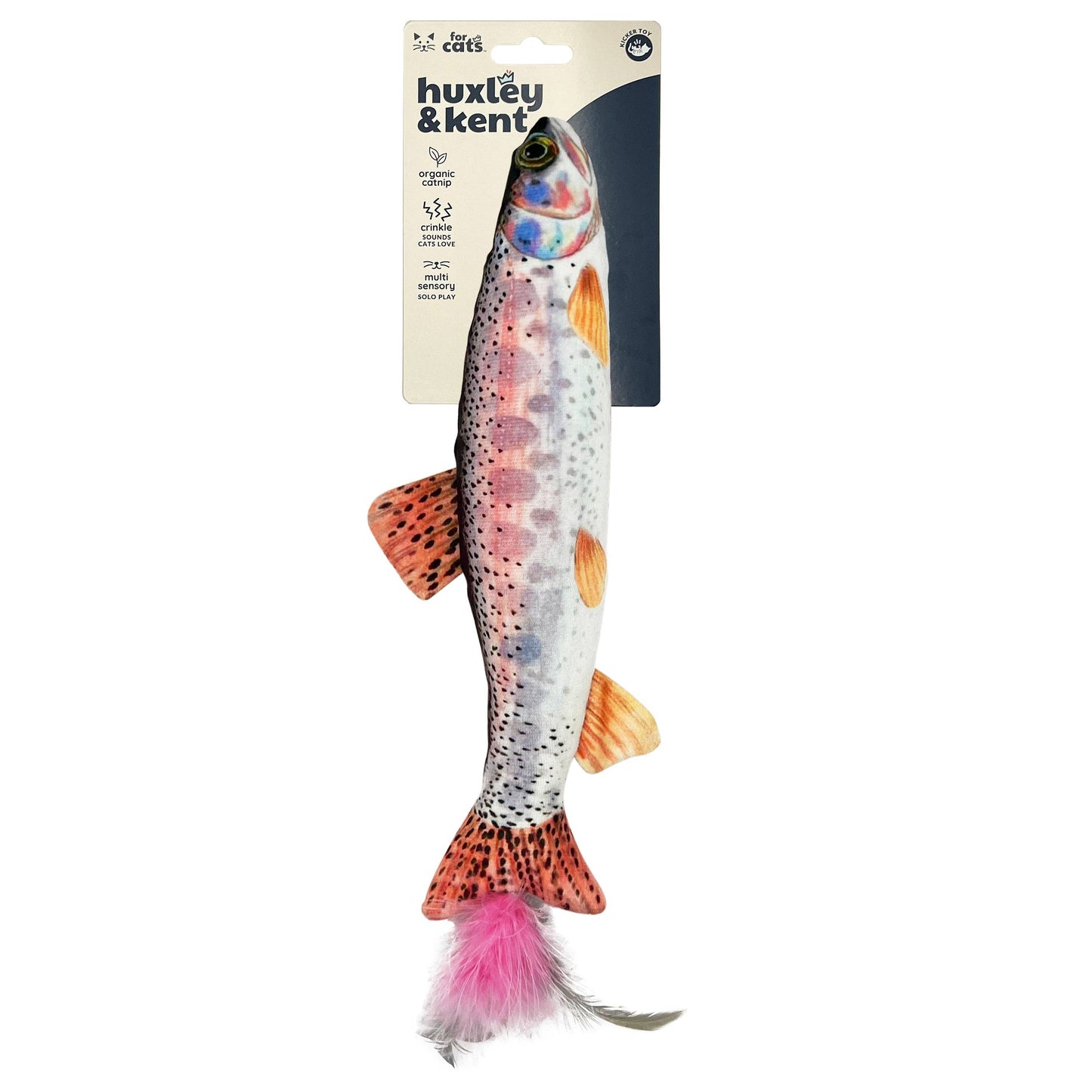 Colorful rainbow trout cat toy with feathers and soft texture