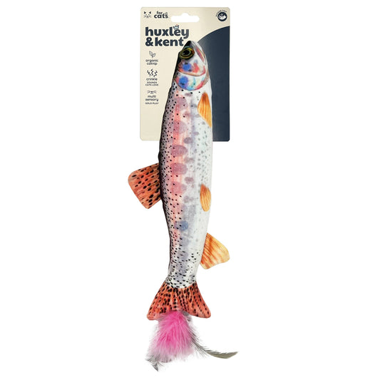 Colorful rainbow trout cat toy with feathers and soft texture