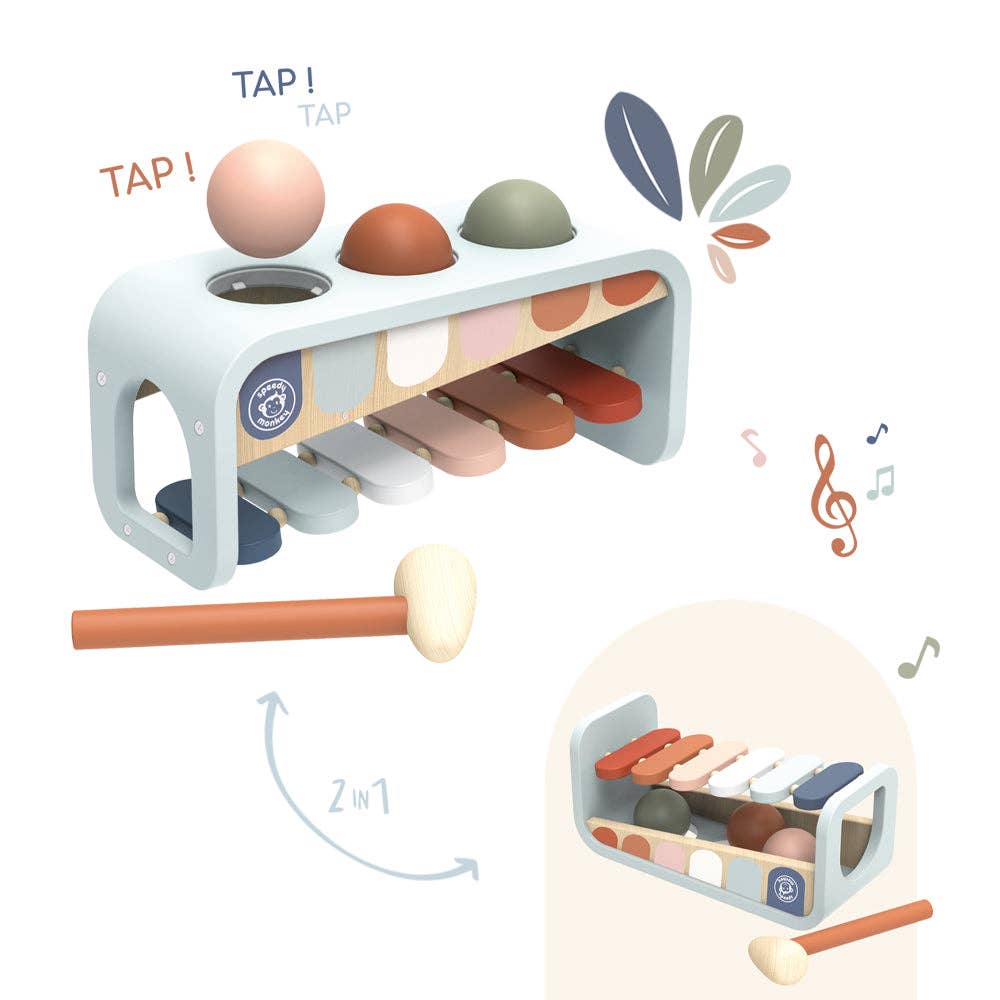 Colorful wooden xylophone and hammer bench toy with pastel tones, round balls, and musical keys, featuring a 2-in-1 design.