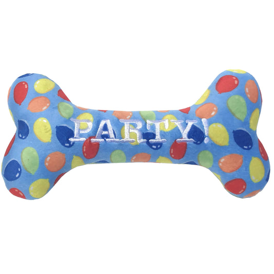 Blue bone-shaped dog toy with colorful balloons and the word 'PARTY!' embroidered on it
