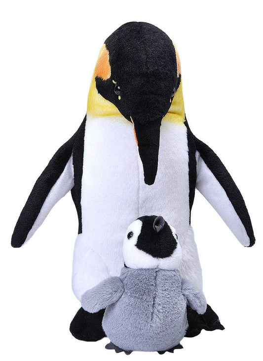 Stuffed emperor penguin with baby plush, black, white, and gray