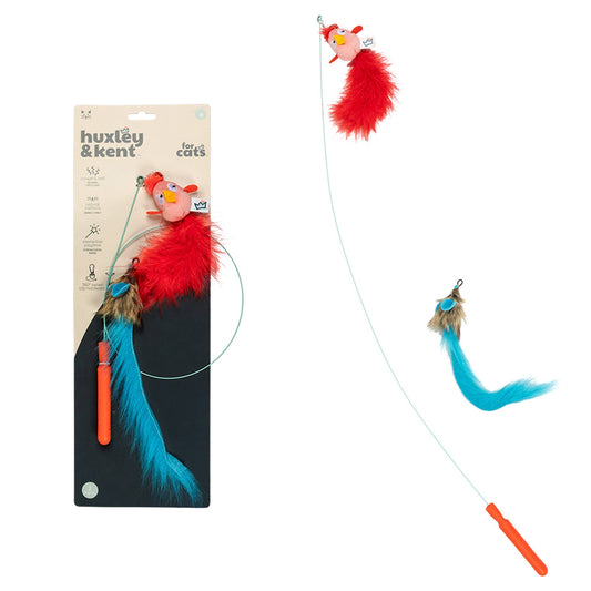 Colorful cat wand toy with red bird and blue mouse attachments