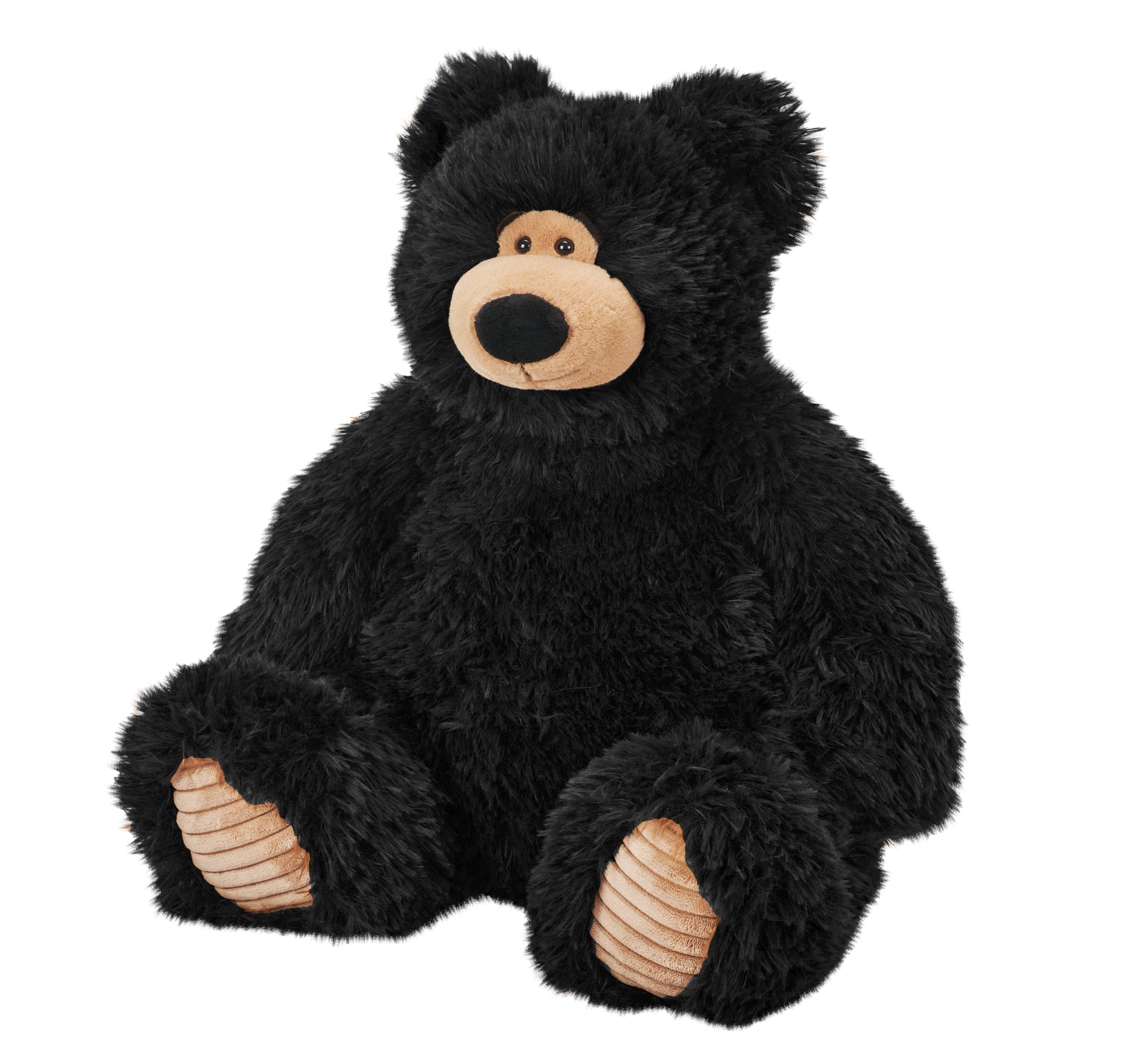 Fluffy black bear stuffed animal with tan snout and paws