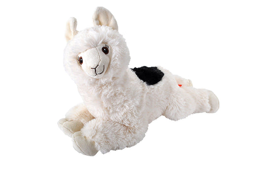 Soft white llama plush toy with black patch on its back, lying down
