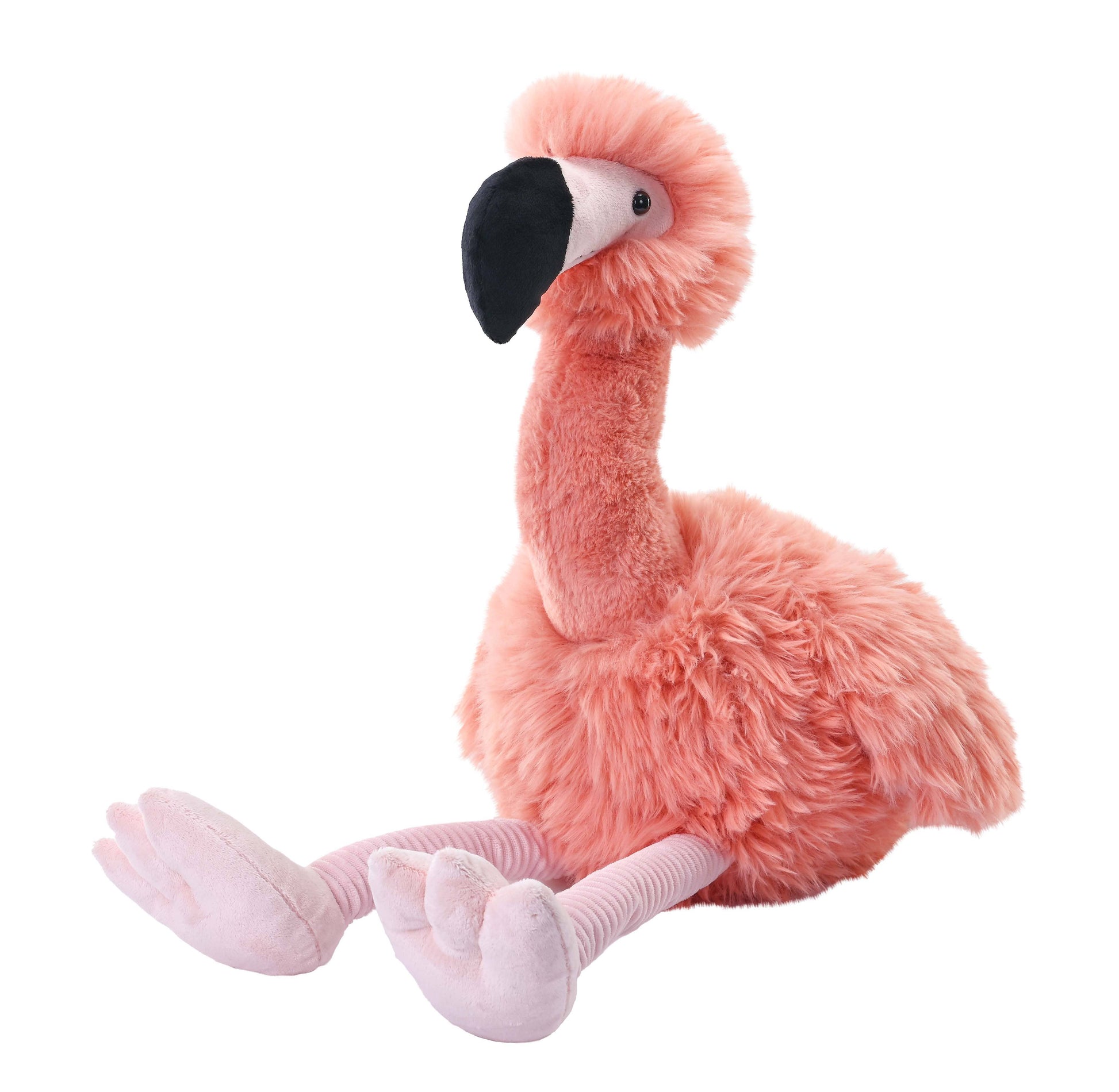 Pink flamingo plush with long neck and soft fuzzy body