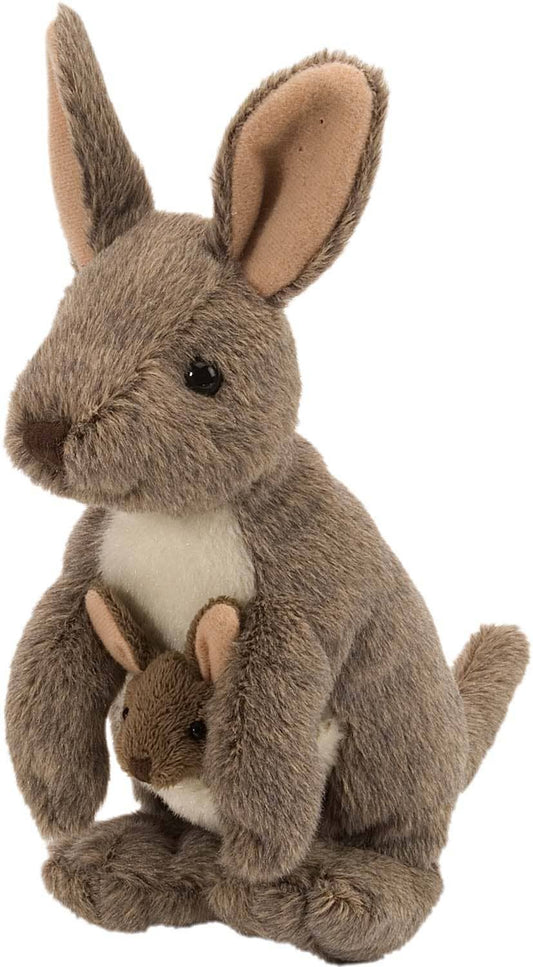 Brown plush kangaroo with baby joey in pouch, sitting upright.