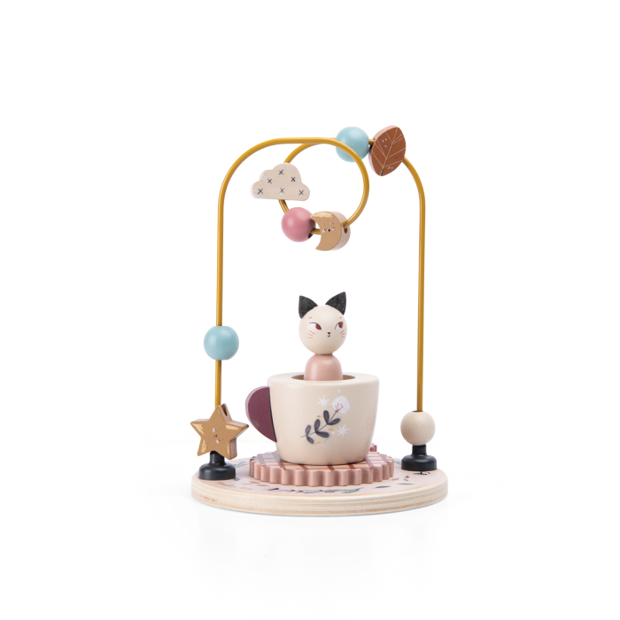 Wooden bead maze toy with a cute animal figure in a teacup, surrounded by colorful beads and whimsical elements like clouds, stars, and a moon.