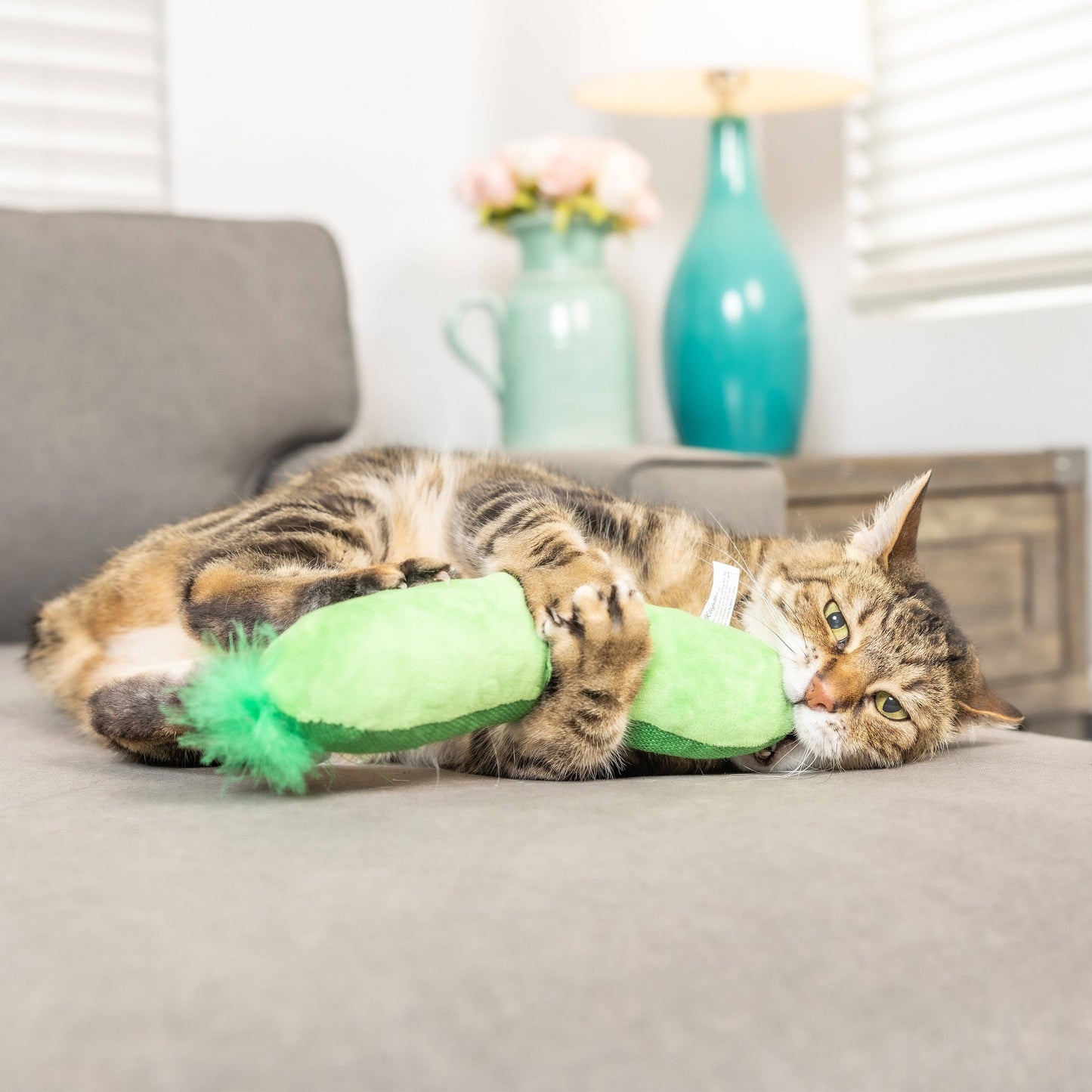 A plush green pickle-shaped cat toy with crinkle sound and organic catnip, held by a relaxed tabby cat.