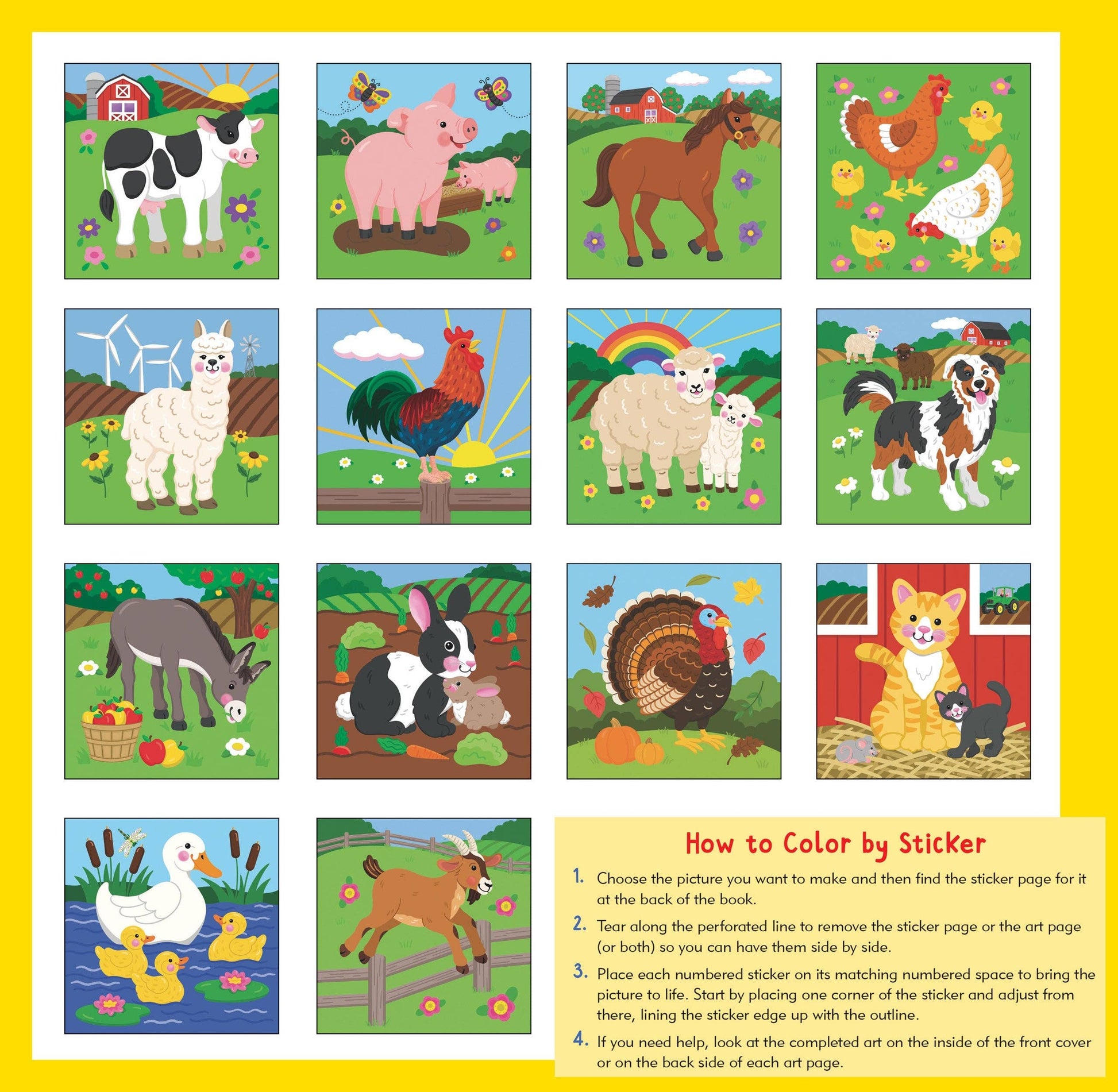 Color-by-sticker book featuring vibrant farm animals like cows, pigs, and chickens for kids' creative fun.