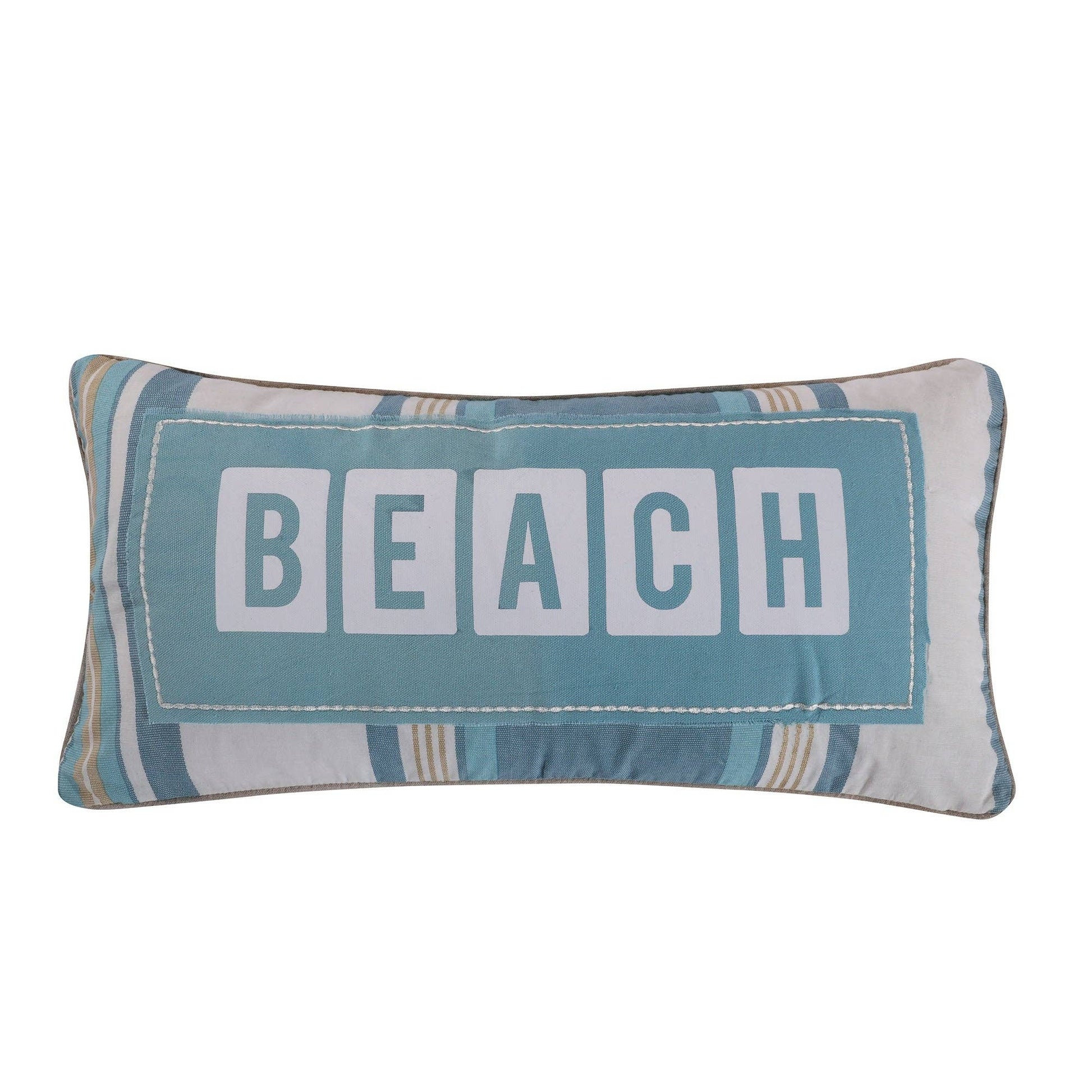 Coastal-themed rectangular pillow with the word "BEACH" in blue on a striped background.