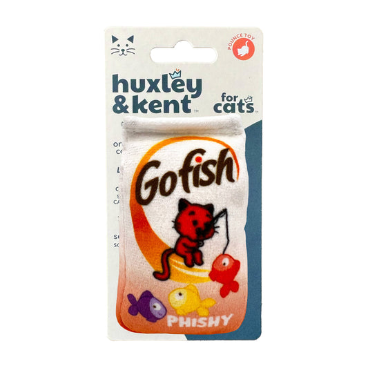 Colorful Go Fish cat toy with plush fish design and cartoon cat