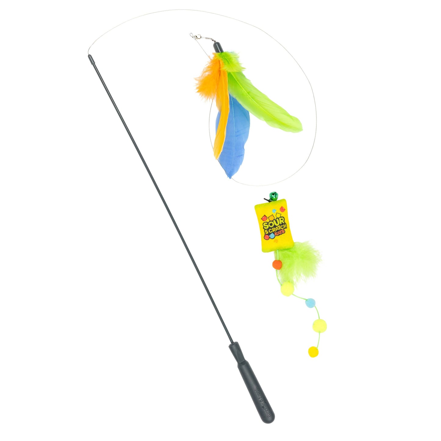 Multicolored feather cat wand toy with crinkle and bell, featuring a sour scratch design.
