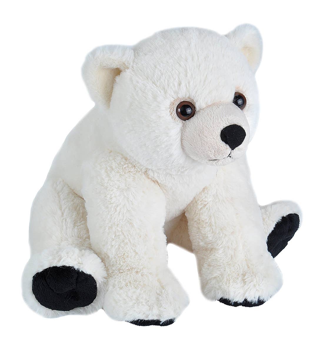 Plush white polar bear stuffed animal with black paws and brown eyes