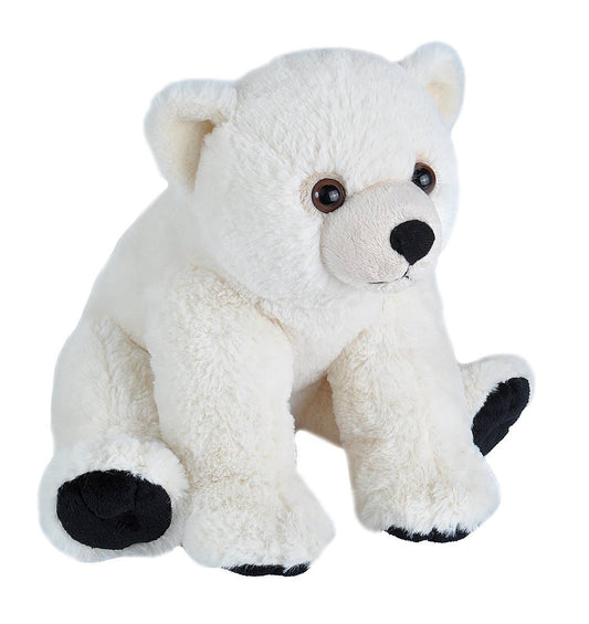 Plush white polar bear stuffed animal with black paws and brown eyes