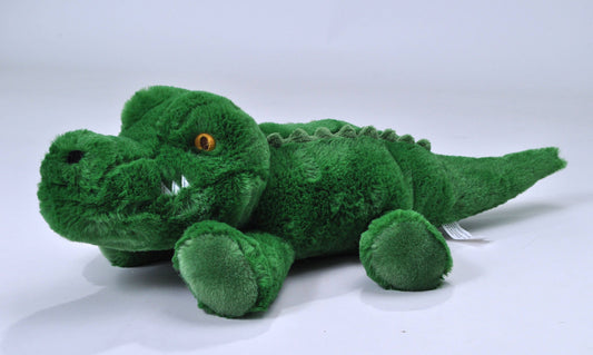Soft green alligator plush toy with a playful expression