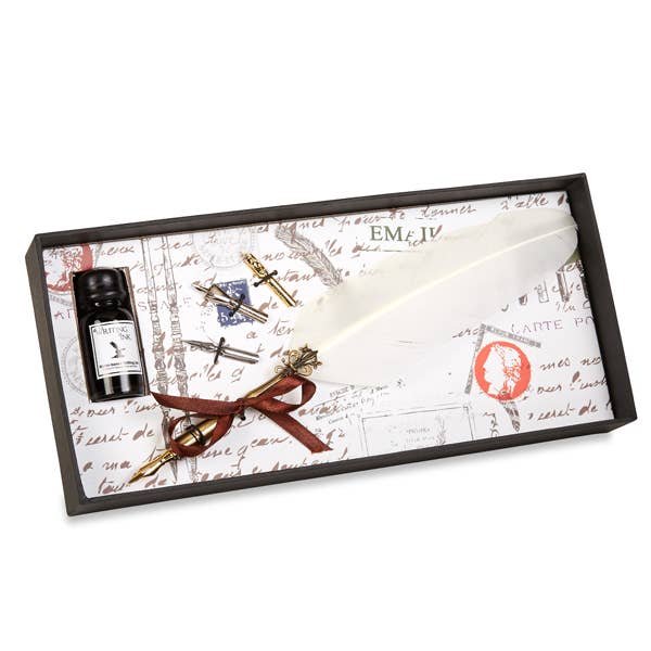 A brass feather nib pen set with burgundy accents, featuring a quill and ink bottle in a gift box.