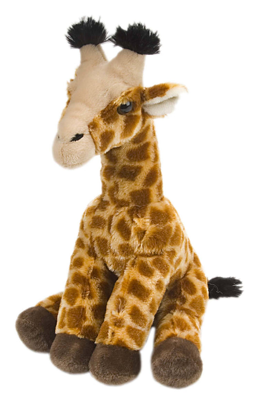 Plush baby giraffe stuffed animal with soft brown spots and dark hooves