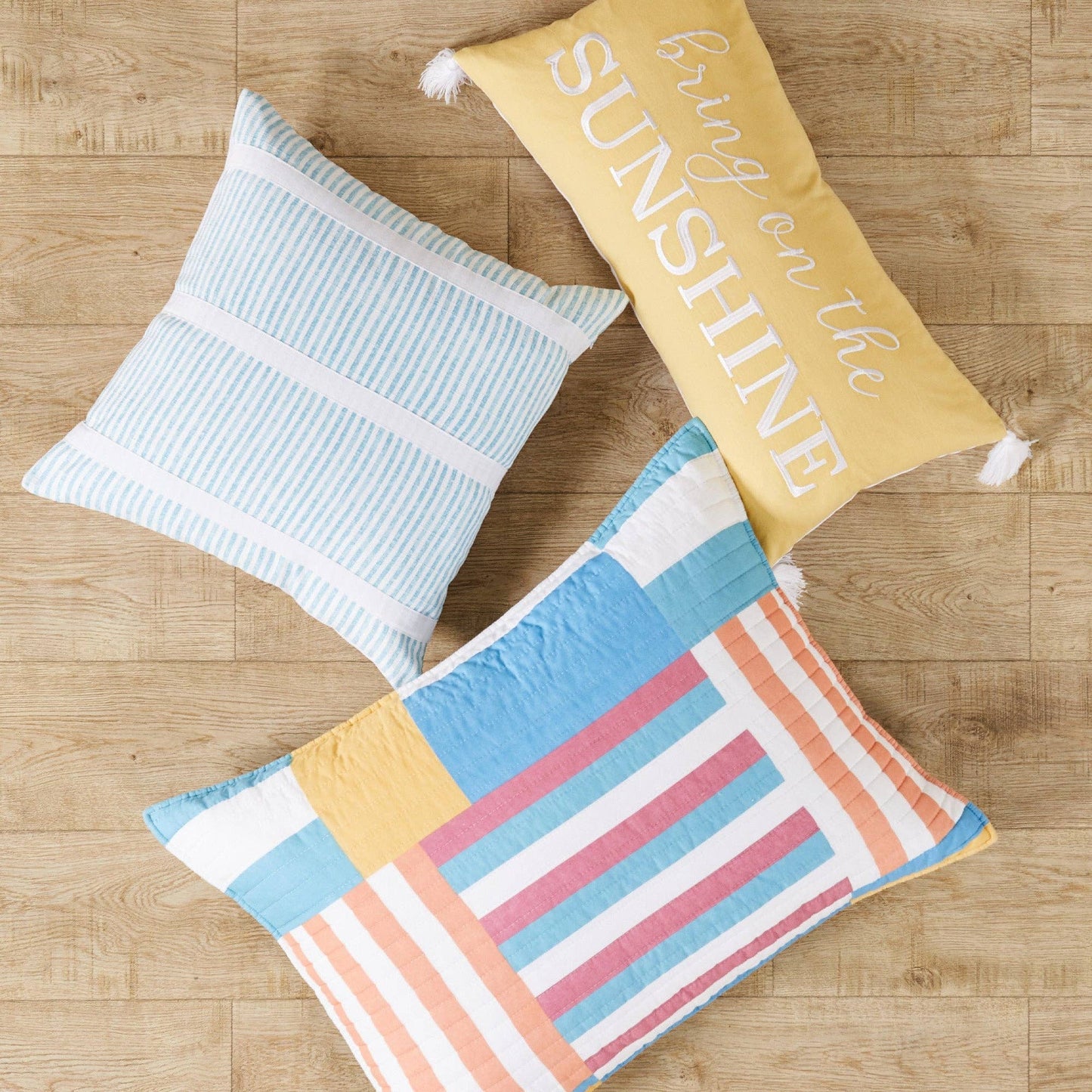 Striped Decorative Pillow with Appliqué Ribbon – Blue and White | Unique Gifts