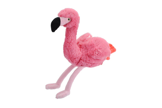 Soft pink flamingo stuffed animal with long legs and plush texture