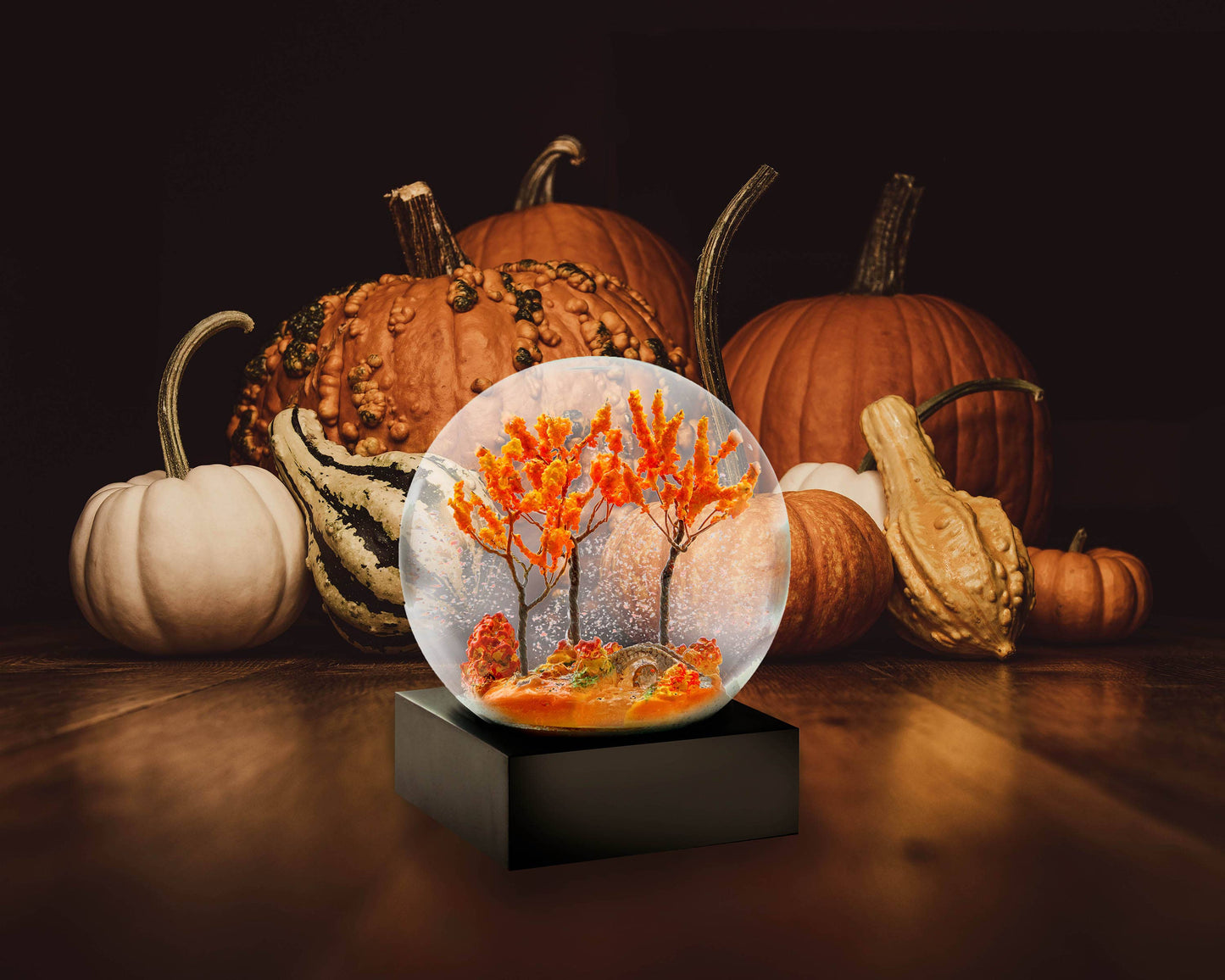 Autumn Snow Globe with Scarlet Leaf Scene – Black Base | Unique Gifts, Birthday Gift for Wife