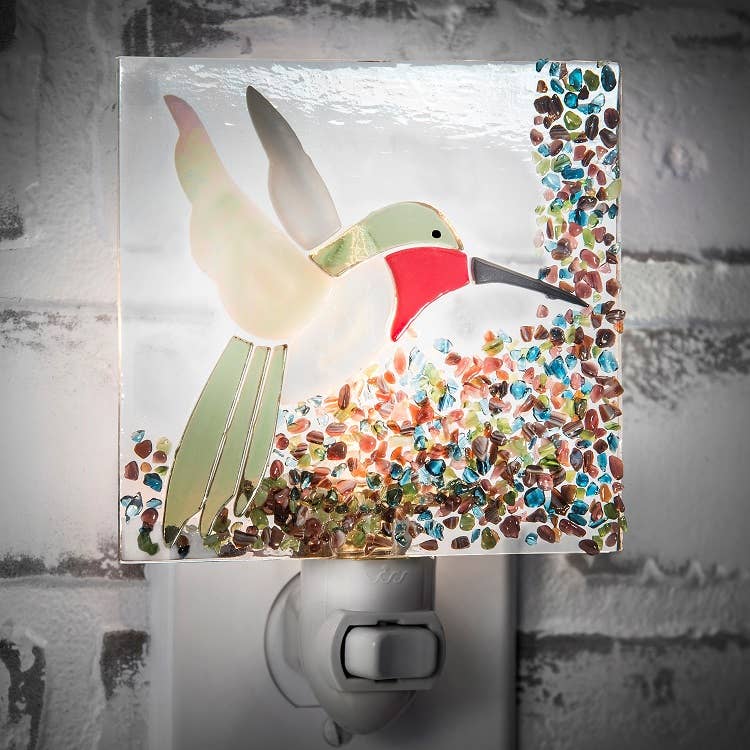 Fused glass night light with colorful hummingbird design