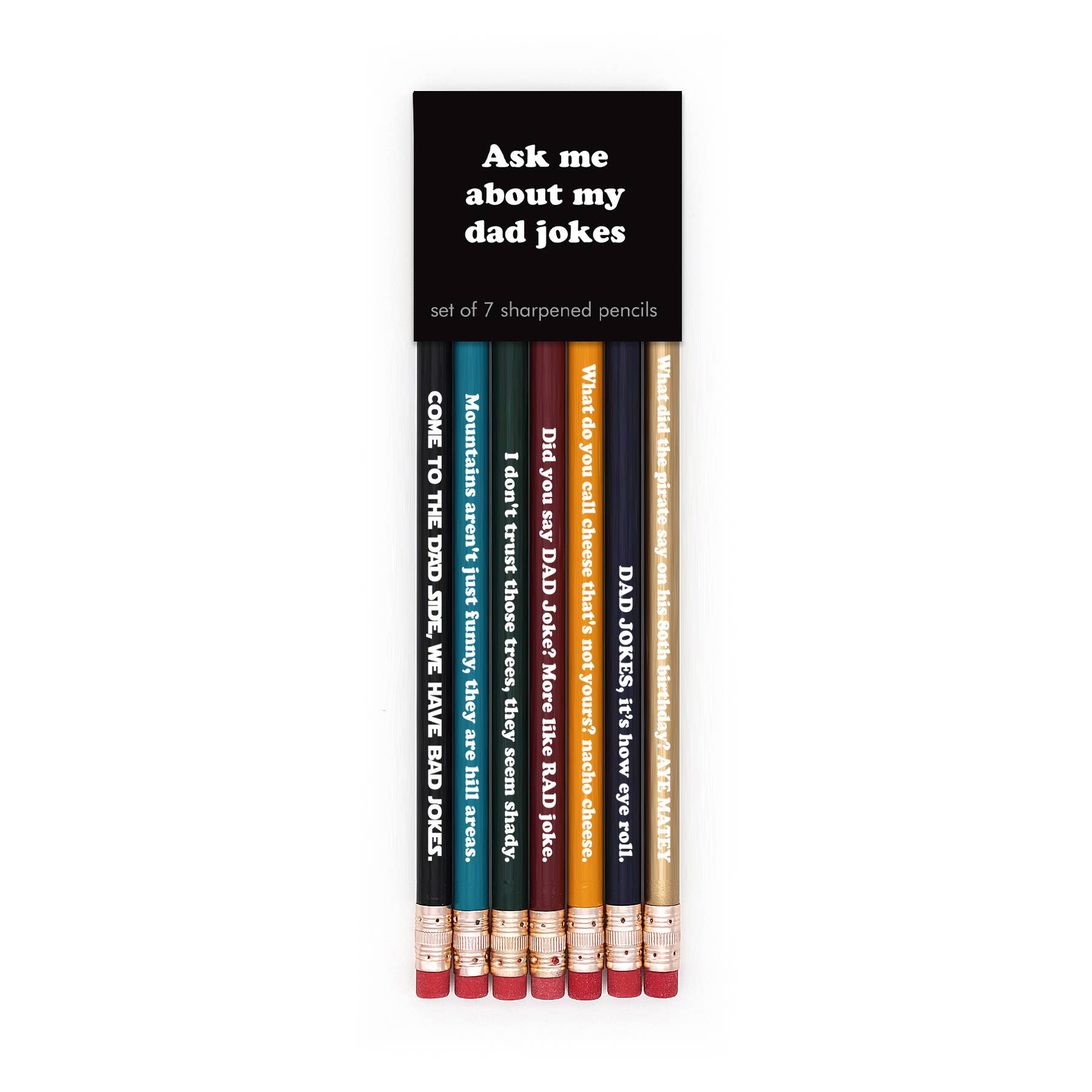 Set of 7 colorful novelty pencils with funny dad joke phrases