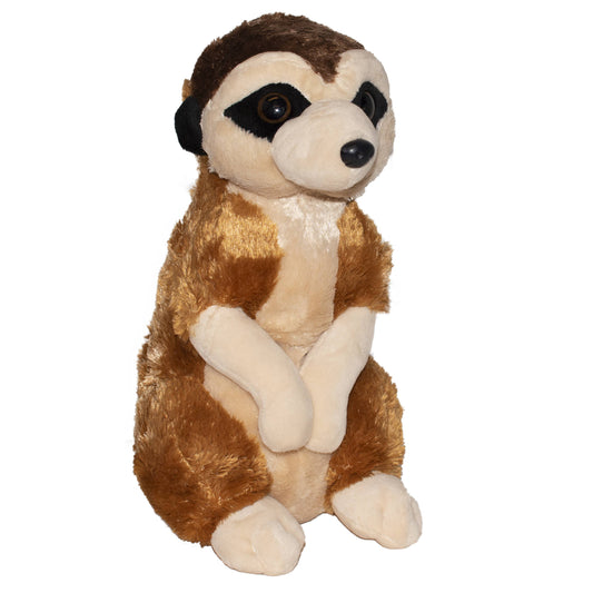Plush meerkat stuffed animal sitting upright with soft brown and cream fur