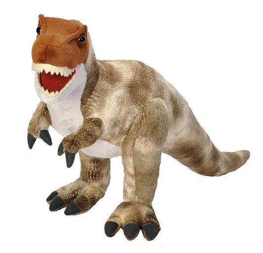 Realistic brown T-Rex stuffed animal with open mouth and textured fabric