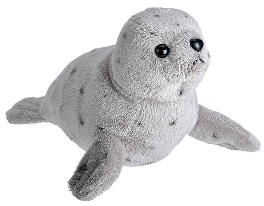 Plush gray harbor seal toy with soft fabric and realistic features