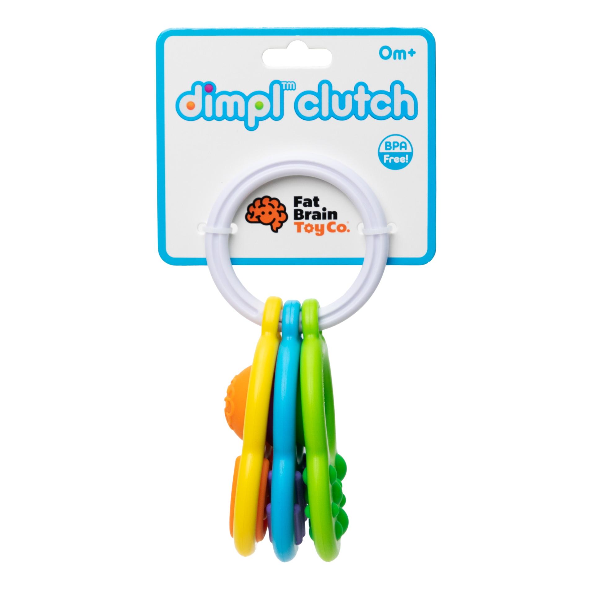 A colorful sensory ring toy set featuring four rings in yellow, blue, green, and orange, packaged on a card.