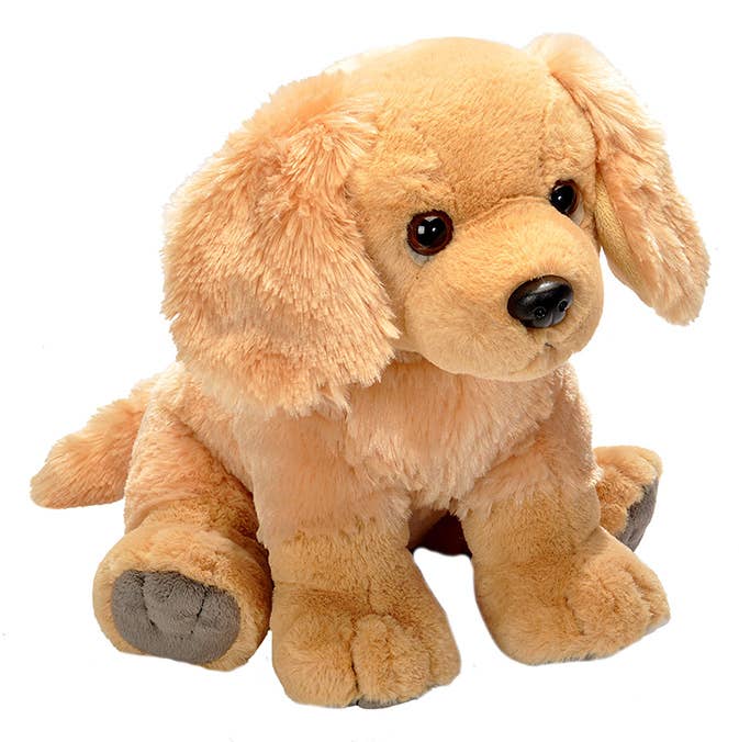 Floppy-eared golden retriever plush with tan fur and big eyes; soft paws and adorable seated pose.
