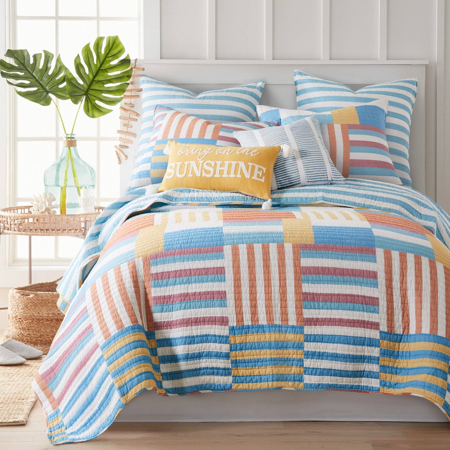 Striped Decorative Pillow with Appliqué Ribbon – Blue and White | Unique Gifts
