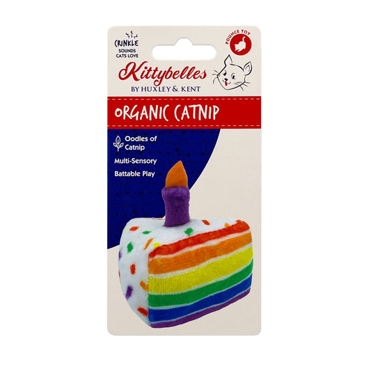 Plush rainbow cake slice cat toy with candle and crinkle sounds