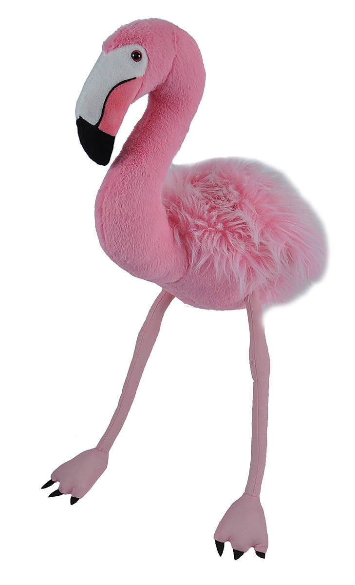 Pink plush flamingo with fuzzy body and long legs, 12 inches tall