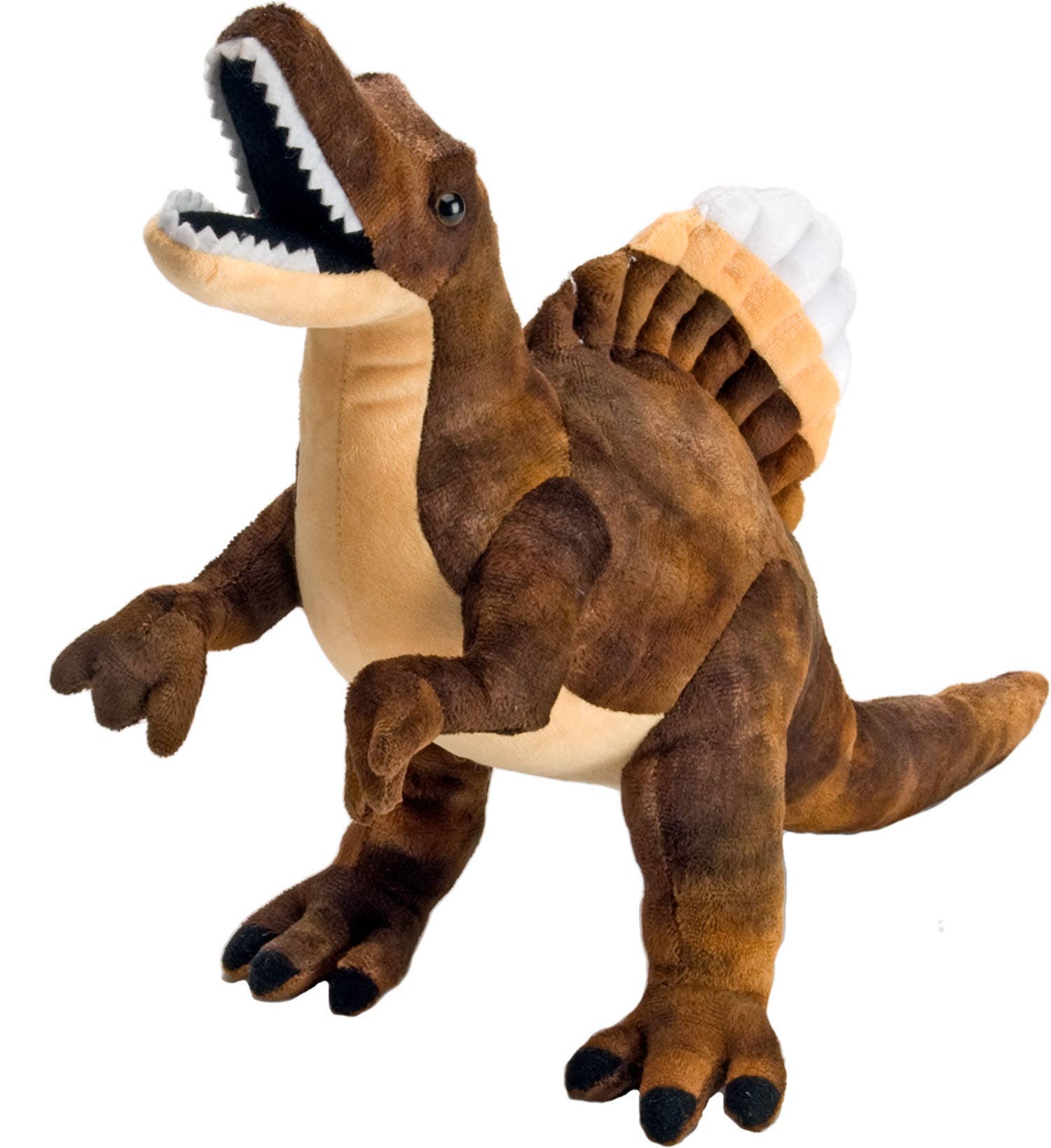 Plush Spinosaurus with brown body, open jaw, cream belly, and ridged orange and white sail on back.