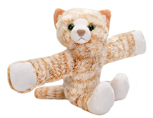 Soft orange tabby cat plush toy with hugging arms and striped fur