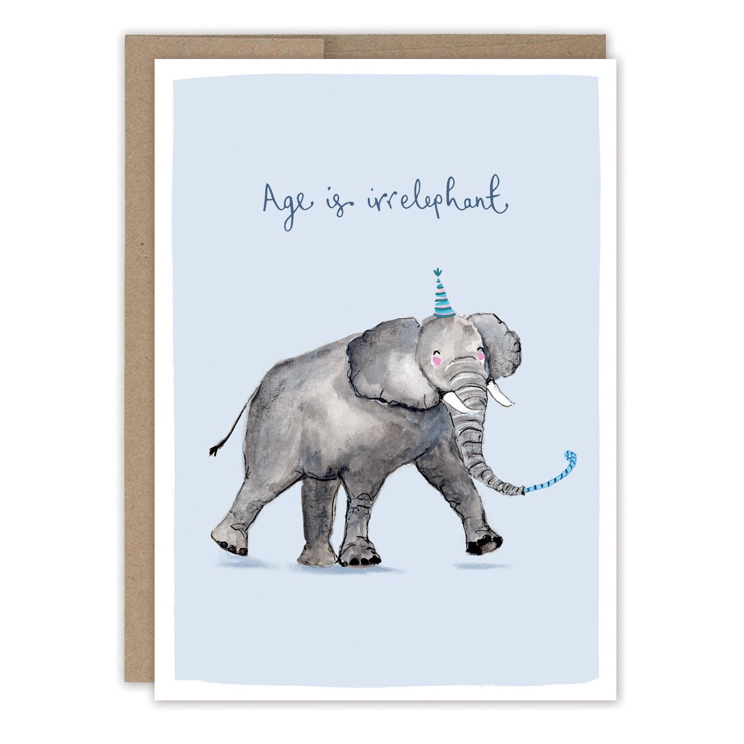 Birthday card with a playful elephant wearing a blue party hat on a light blue background