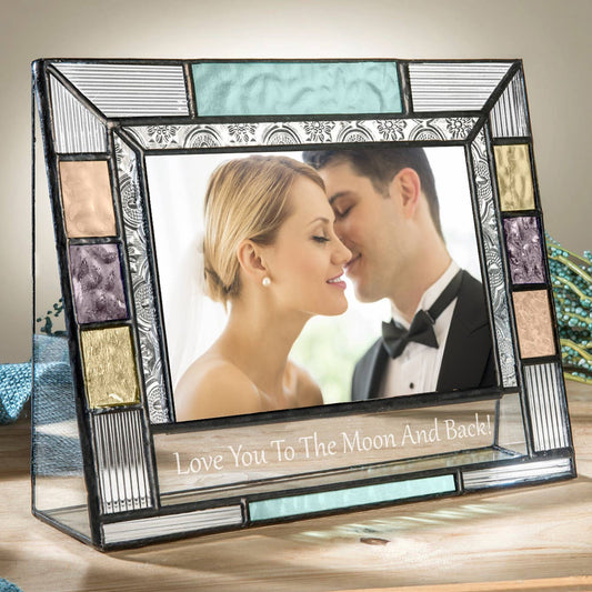 Glass photo frame with colorful textured trim and engraved message Love You To The Moon And Back