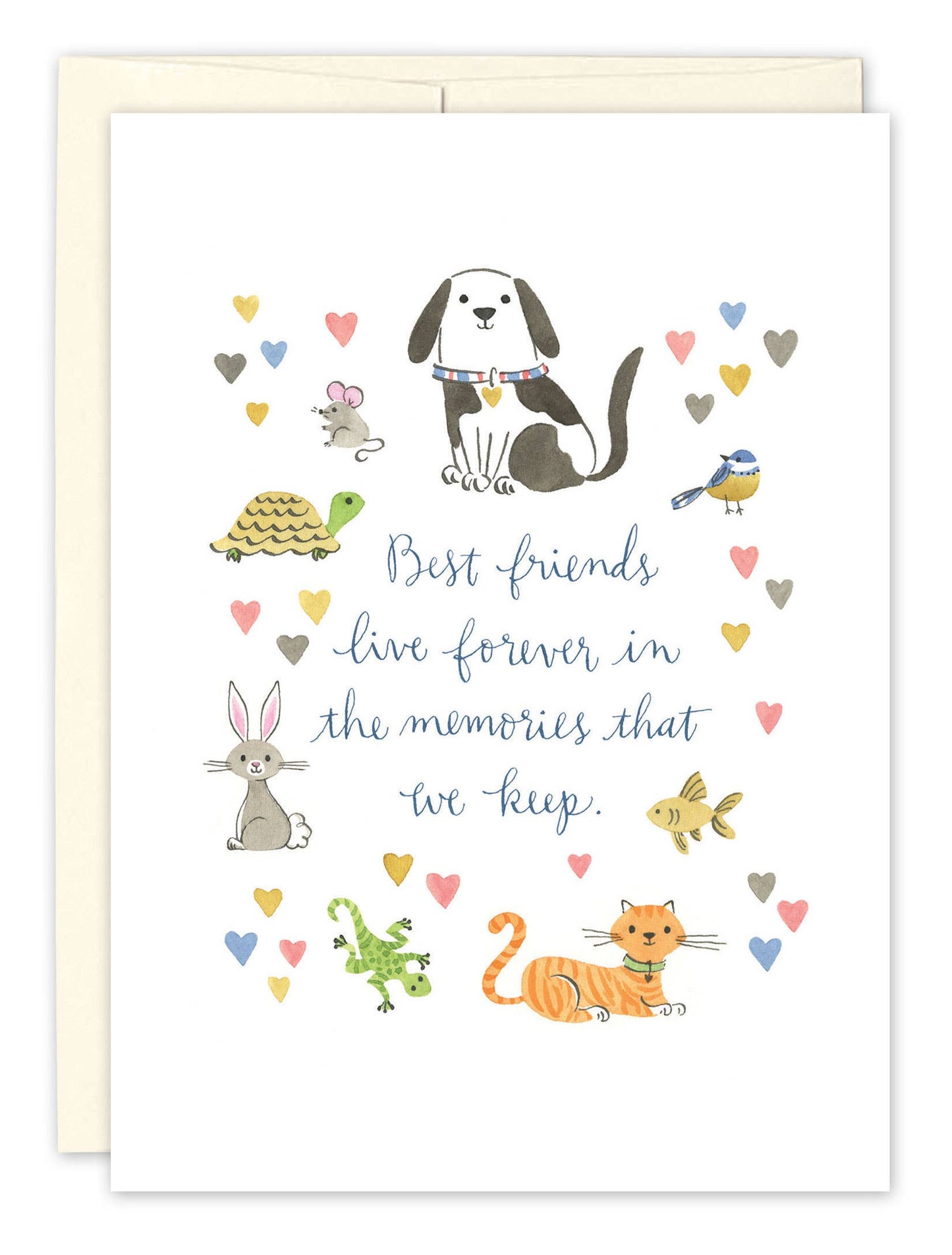 Pet sympathy card with cute illustrations of dogs, cats, and other animals surrounded by colorful hearts and the message, "Best friends live forever in the memories that we keep."