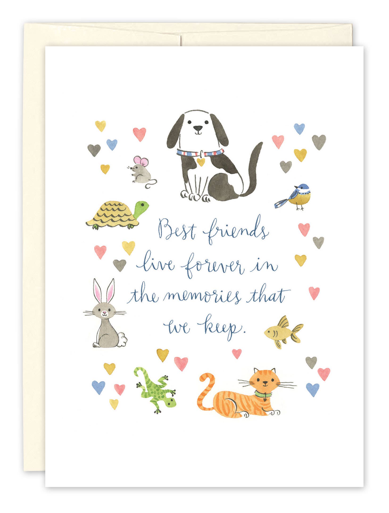 Pet sympathy card with cute illustrations of dogs, cats, and other animals surrounded by colorful hearts and the message, "Best friends live forever in the memories that we keep."