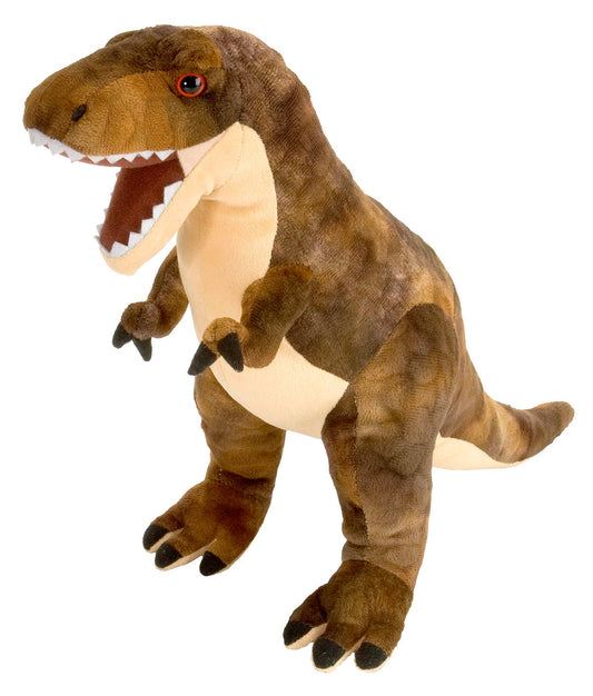 Brown T-Rex plush toy with open mouth and soft texture